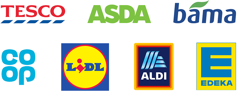Tesco, ASDA, bama, Co-op, Lidl, Aldi and Edeka logos